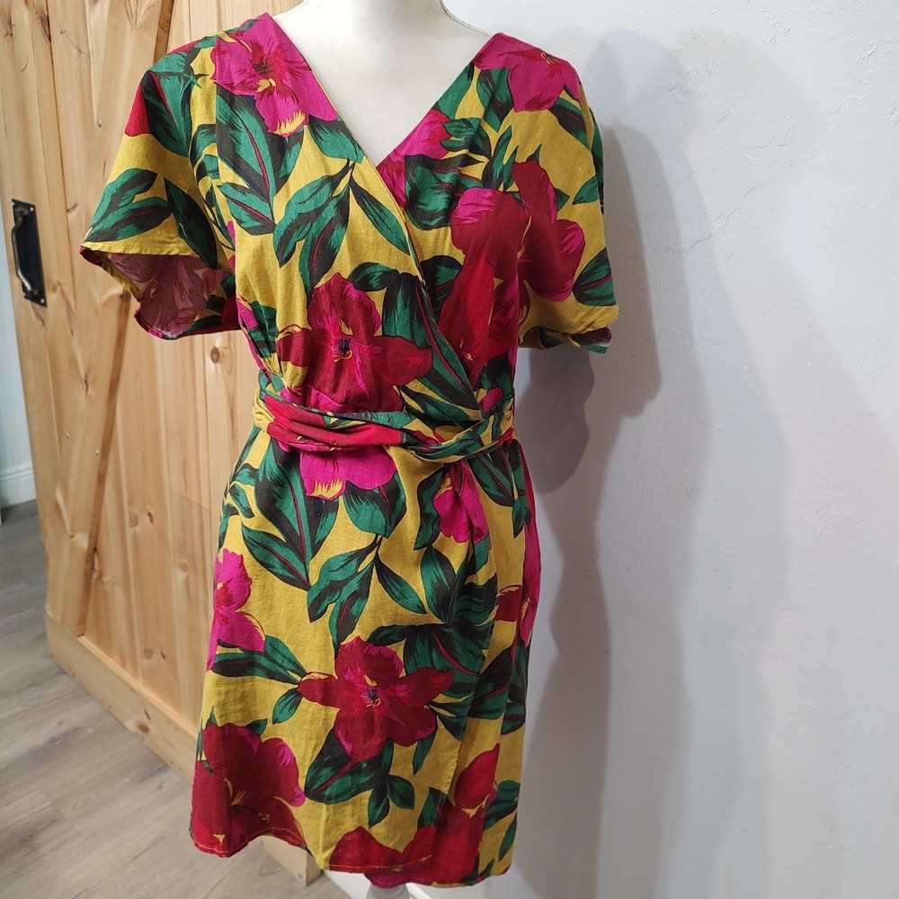 For Cynthia Linen Blend Colorful Dress Sz Small Mock Wrap Hibiscus Tropical
